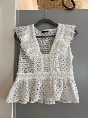 Zara White Lace Ruffled Peplum Top